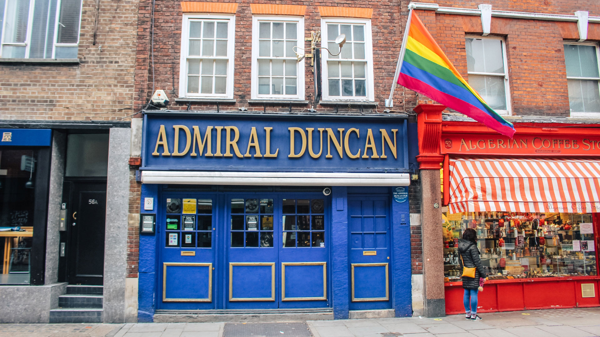 Front of Admiral Duncan pub on Old Compton Street.