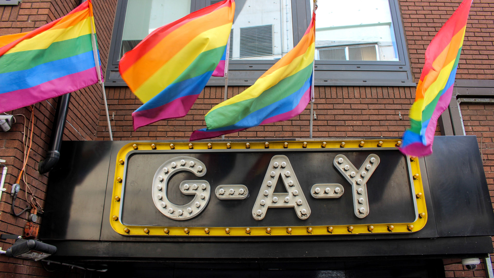 Rainbow flags adorn the entrance to the G-A-Y Late club in Soho