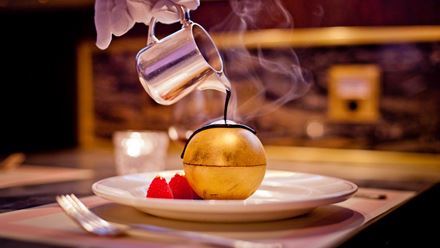 Chocolate and raspberry dessert at Bob Bob Ricard. Image courtesy of Bob Bob Ricard.