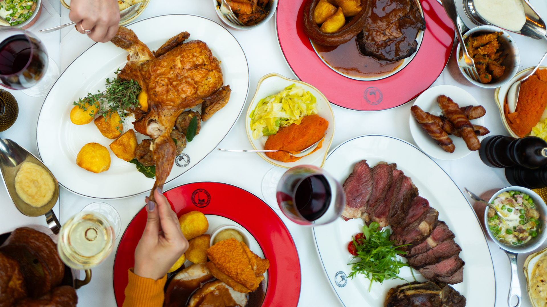 A roast dinner spread at Boisdale Canary Wharf