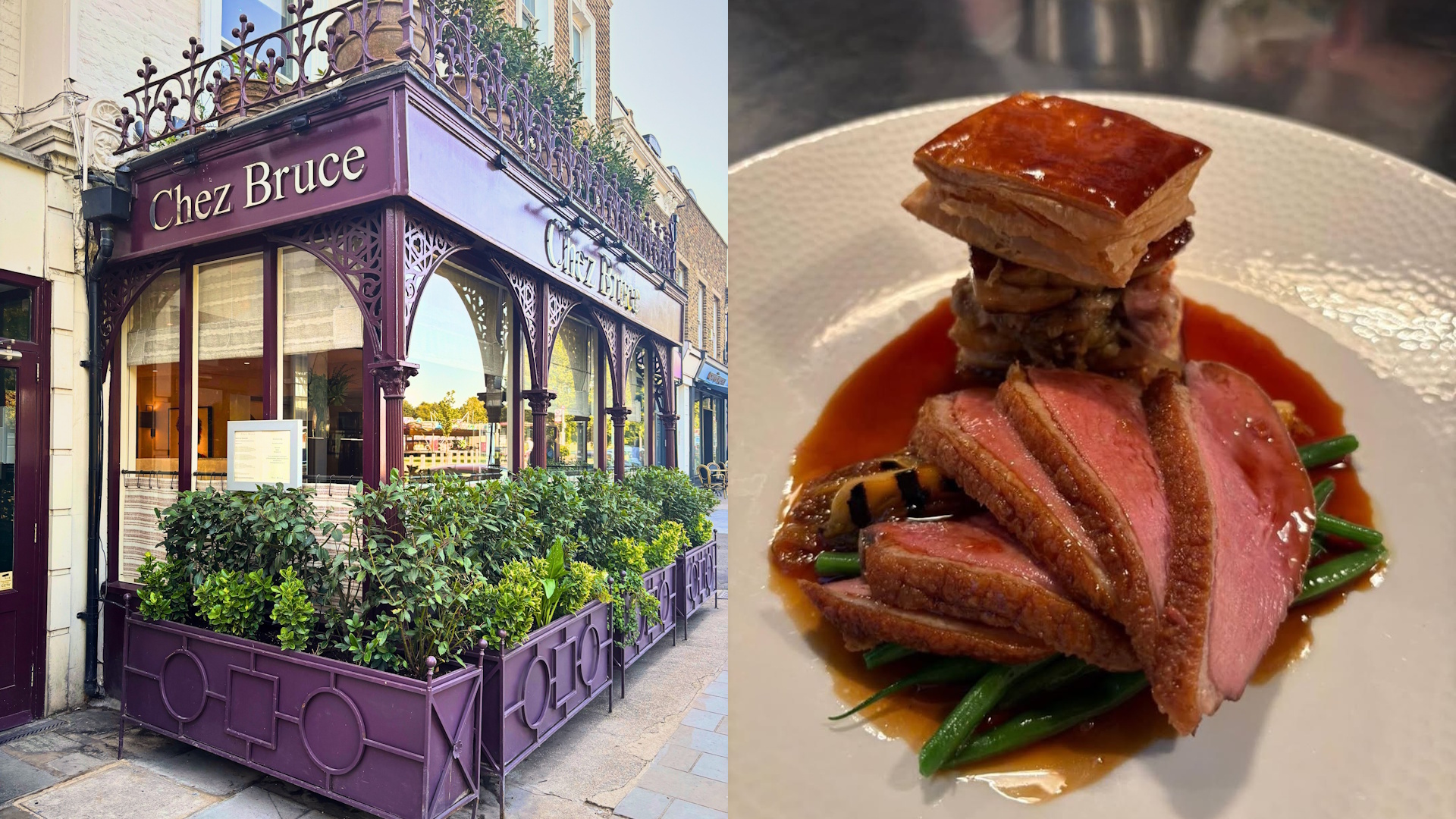 Collage of two images showing the purple restaurant front of Chez Bruce and a sliced duck breast dish.