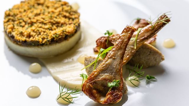 Main dish festuring on the main menu at Heston Blumenthal: Forced artichoke with mushroom and cauliflower parfait.