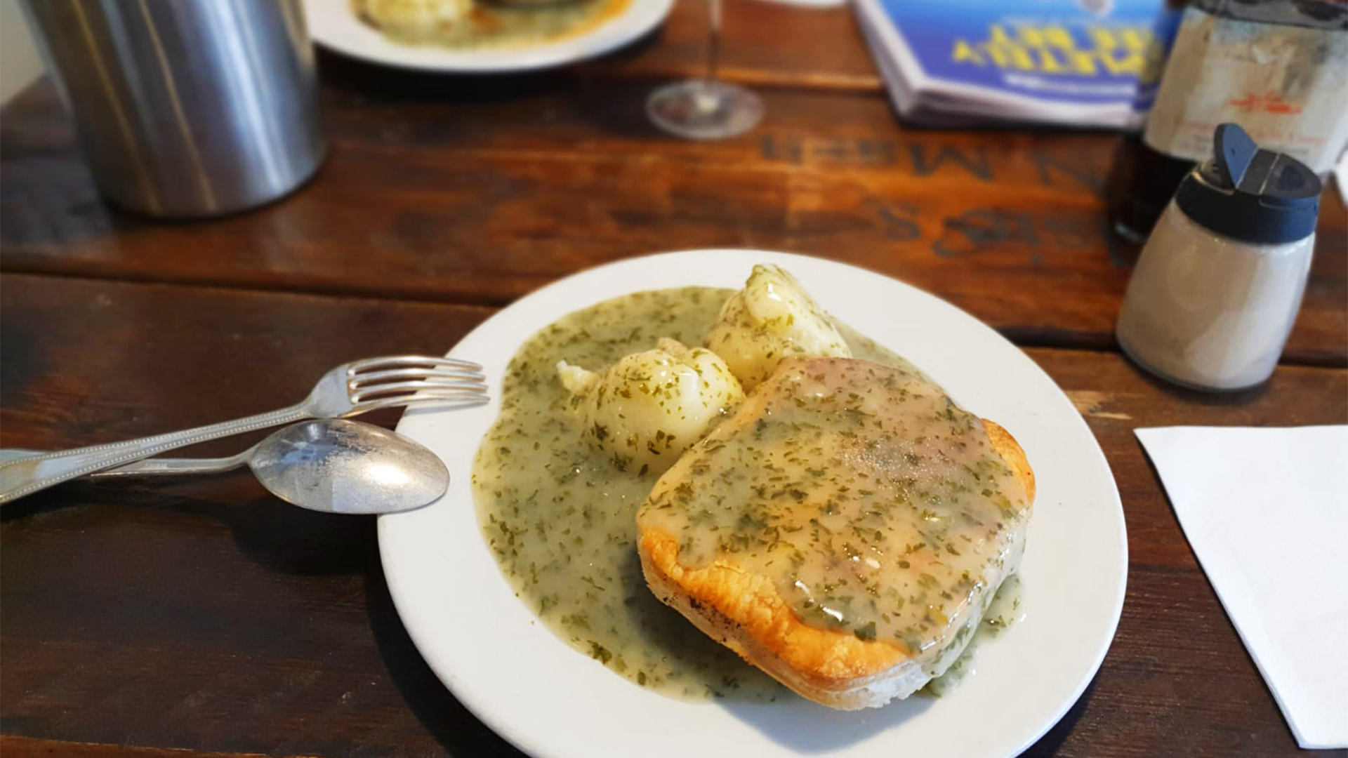 A plate of pie, mash and liquor