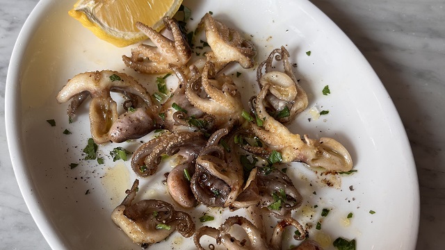 Birds eye view shot of a white oval plate with cooked baby octopus and a wedge of lemon