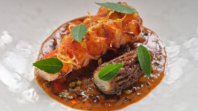 Lobster, sansho pepper and morel mushroom dish at The Ledbury.