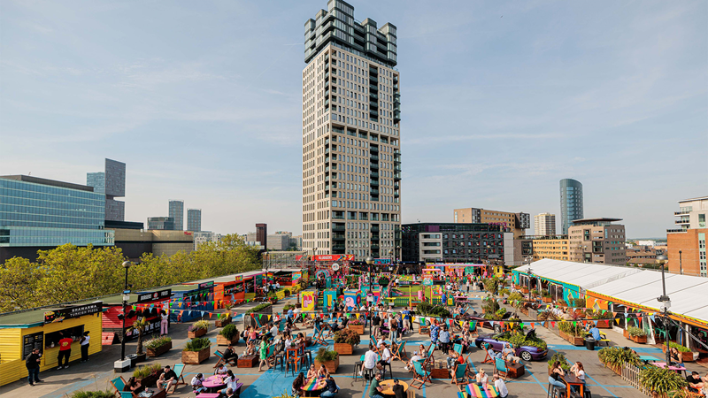 Aerial shot of Roof East's outdoor bar in London