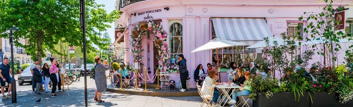 A spectacular floral display decorates the windows of Peggy Porschen bakery shop in Chelsea during Chelsea in Bloom annual floral art show in London.