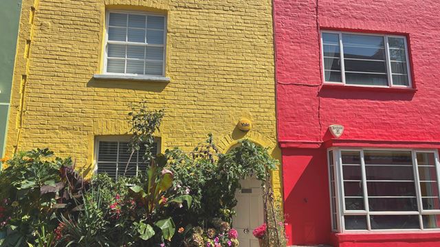 A close-up view of bright green, yellow and red terraced houses along Godfrey Street in Chelsea.