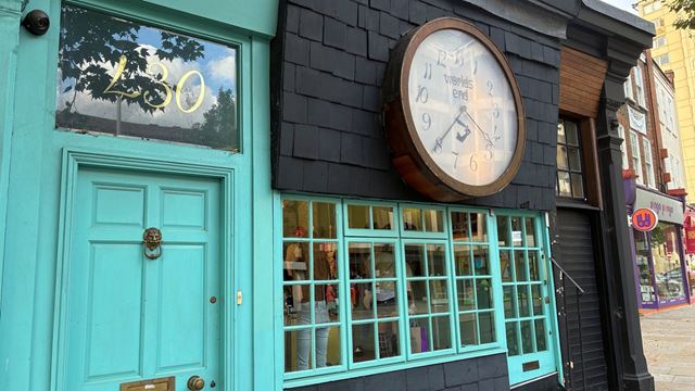 The turquoise and black facade of Vivienne Westwood and Malcolm McLaren's shop at 430 King's Road in Chelsea.