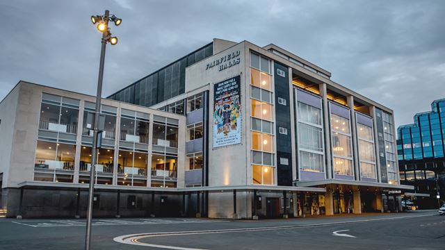 Fairfield Halls theatre in Croydon, south London, including the Ashcroft theatre photo of the exterior and sign.