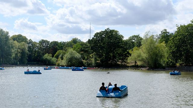 People are rowing around the boating lake at Crystal Palace in blue pedalos, surrounded by greenery.