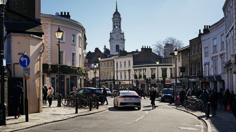 Greenwich High Street on a sunny day.
