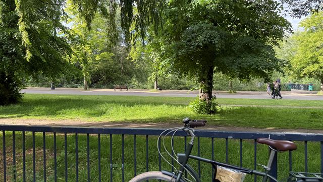 A photo of Victoria Park on a bright sunny day with a bicycle leaning across a gate in the foreground