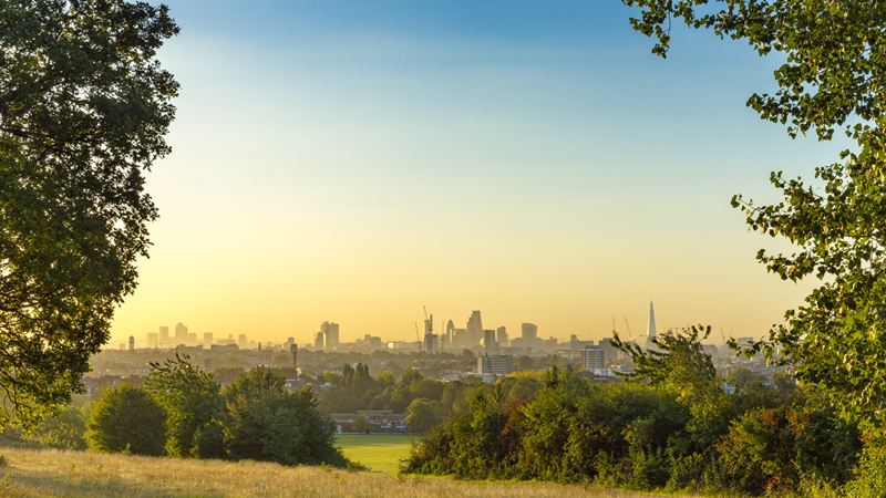Admire the views of the London skyline from the top of Parliament Hill on Hampstead Heath. Credit: Shutterstock. Image courtesy of Shuttershock. The London skyline on a sunny day framed by trees and grassy spaces on Hampstead Heath.