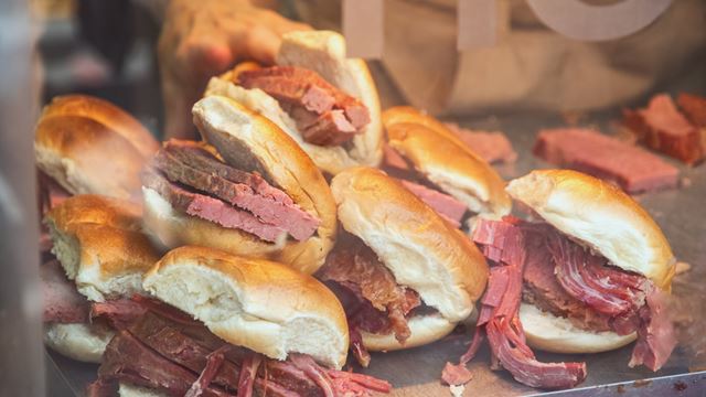 A photo of the salt beef bagels in the window of Beigel Bake on Brick Lane