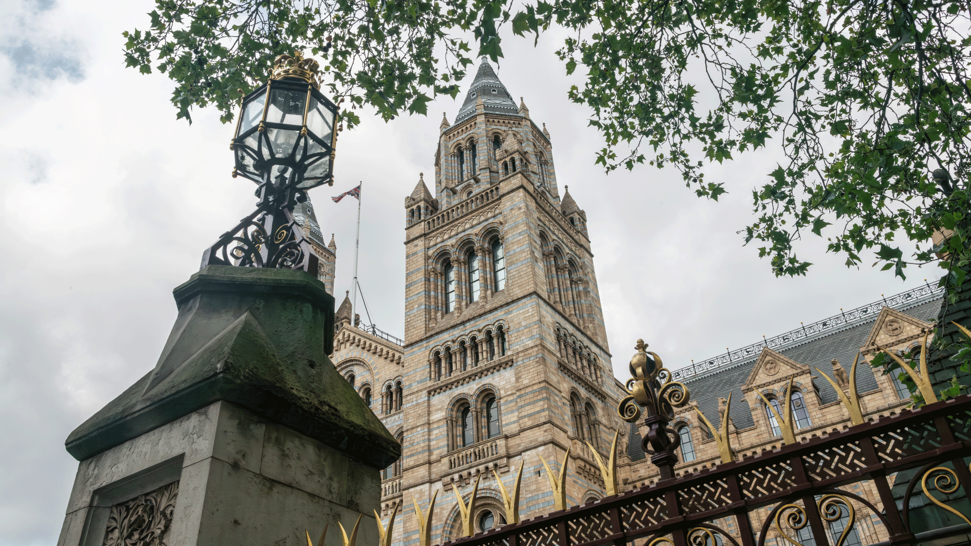 A view of the grand Natural History Museum from the front of the intricate gate