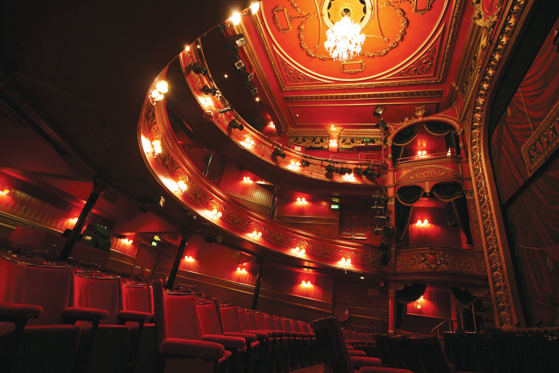 Red seats and interior of Stratford East theatre. 