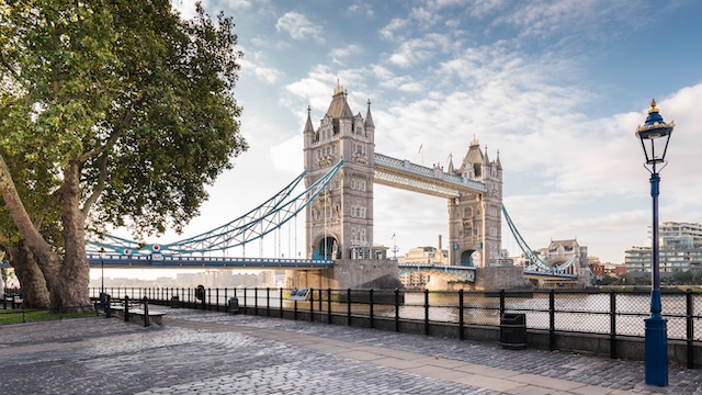 Tower Bridge in London on a sunny day.