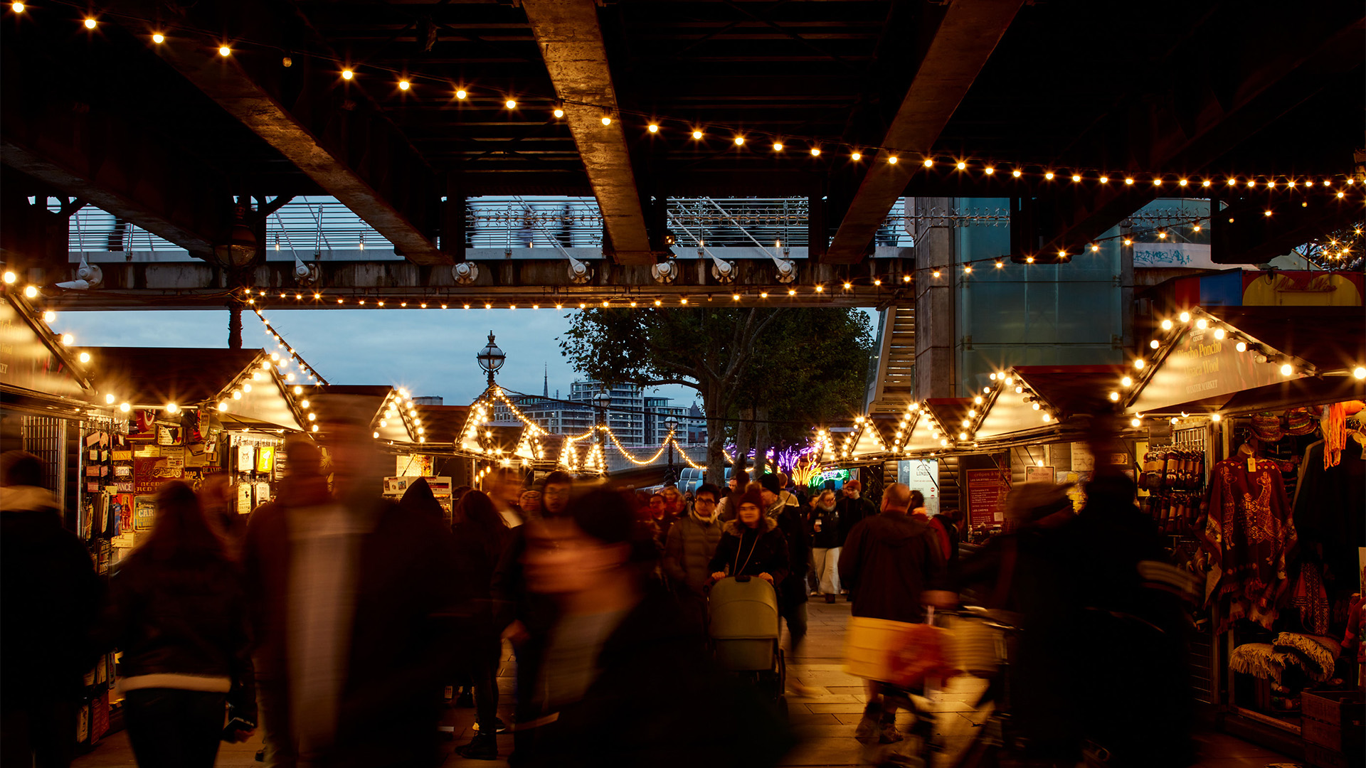 Chalet-style cabins and twinkling fairy lights at Southbank Centre's Winter Market