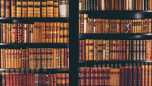 Collection of leather covered books at the British Library.