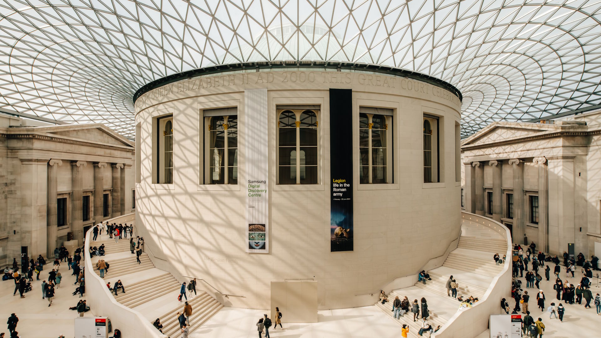 A view of The Great Court, at The British Museum including its iconic glass roof.