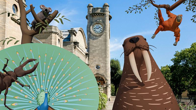 Playful wildlife installations form part of the Horniman Museum’s Nature + Love project, launching during its 125th anniversary year in 2026. Image courtesy Horniman Museum and Gardens and Sophia Spring. Large illustrated animal figures, including a walrus and peacock, installed outside the Horniman Museum building on a sunny day.