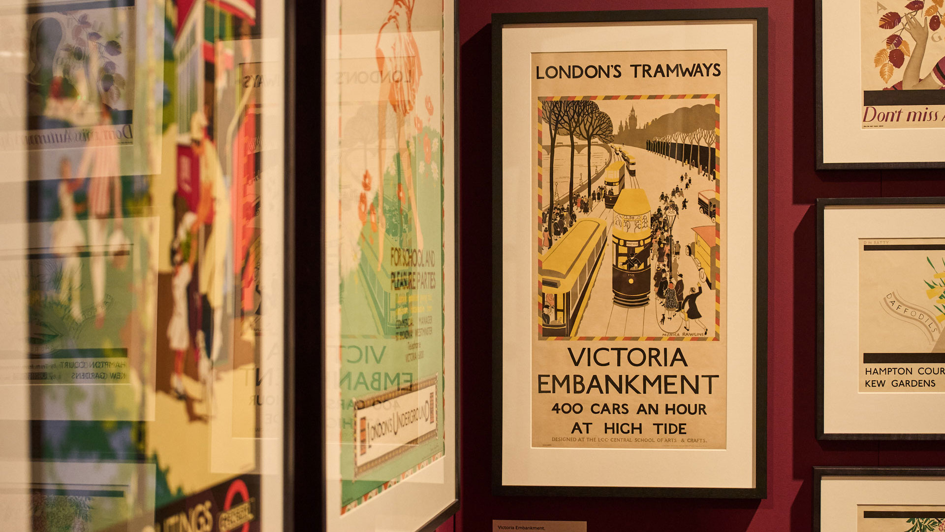 A close-up of some London Transport Museum posters dedicated to Tube stations dating back to the Art Deco era.