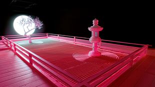 A pink garden featuring a fountain and a tree with the moon behind at night time