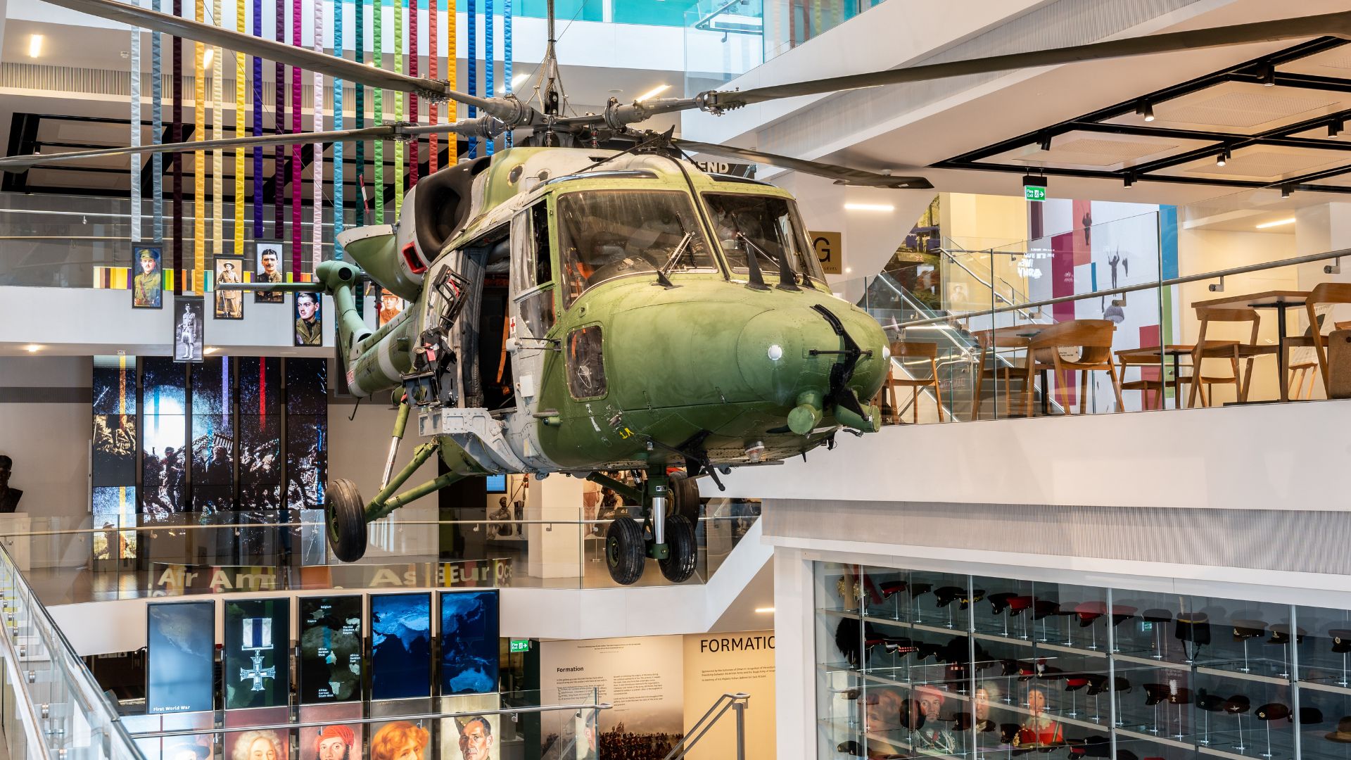 Helicopter suspended from ceiling at the National Army Museum. 
