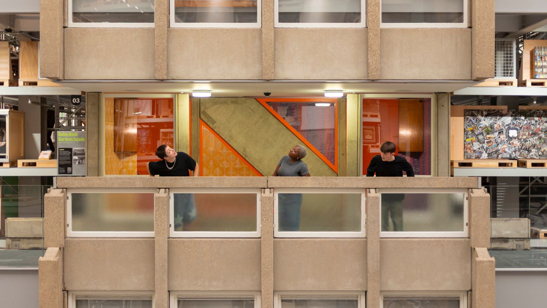 View of a section of Robin Hood Gardens, a former residential estate in Poplar, east London, at V&A East Storehouse. Image courtesy of V&A. Photo credit: David Parry, PA Media Assignments. A section of the Robin Hood Gardens among the shelves of the V&A East Storehouse.