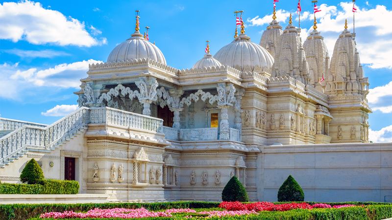 BAPS Shri Swaminarayan Mandir, in Neasden, London. Credit: Shutterstock. Image courtesy of Shutterstock. Exterior of the Hindu temple, BAPS Shri Swaminarayan Mandir, in Neasden, London.