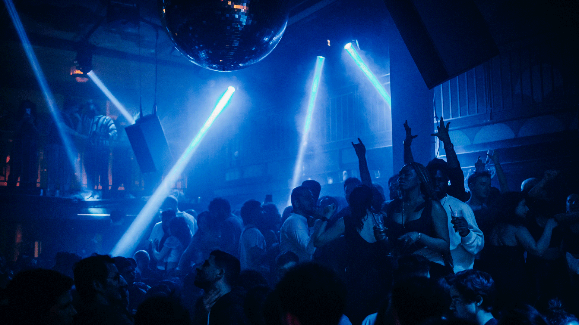Blue lights and disco ball above the dancefloor at Jazz Cafe