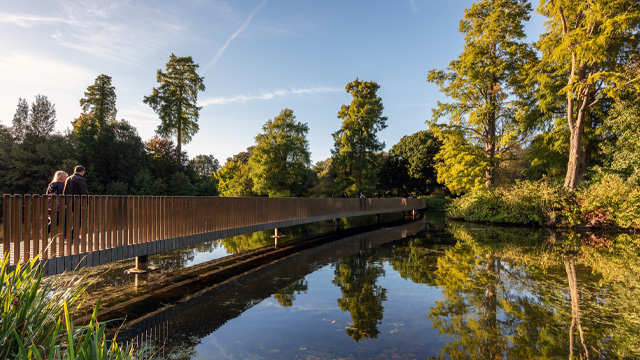 People walking across The Sackler Crossing bridge at Kew Gardens.
