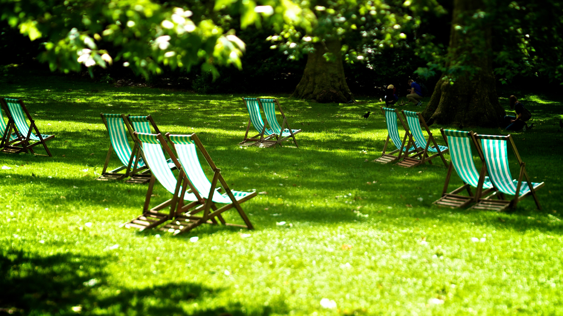 Take to one of London's many parks during the warmer seasons. Photo: Royal Parks. Image courtesy of Royal Parks. Pairs of deckchairs are spread across lawn in St James's Park during summer in London
