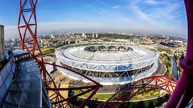 A view of the Queen Elizabeth Olympic Park taken from the ArcelorMittal Orbit with the London Stadium featuring prominently.