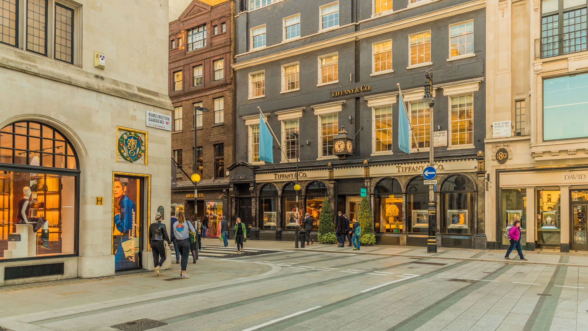 A view from Burlington Gardens on to Bond Street showing the Tiffany & Co store.