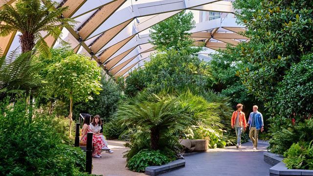Two people sit on a bench among the trees and plants while two people walk along one of the paths. The glass roof can be seen above the garden.
