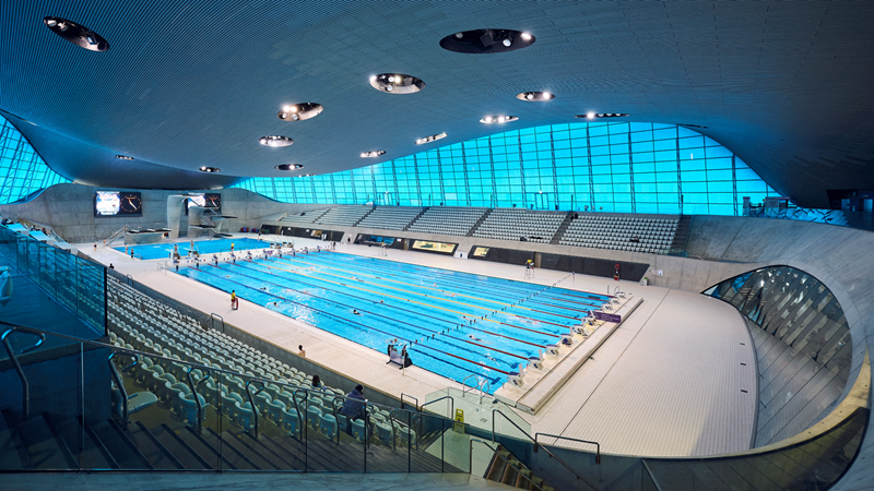Visit the London Aquatics Centre in Queen Elizabeth Olympic for a revitalising dip. Credit: Everyone Active. Image courtesy of Everyone Active. View of the large pool from the seats at the London Aquatics Centre