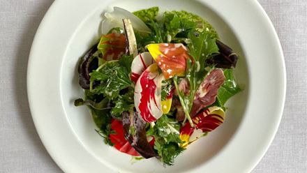 Spring Fern Verrow leaves with tulips and bechamel dressing. Image courtesy of Spring.