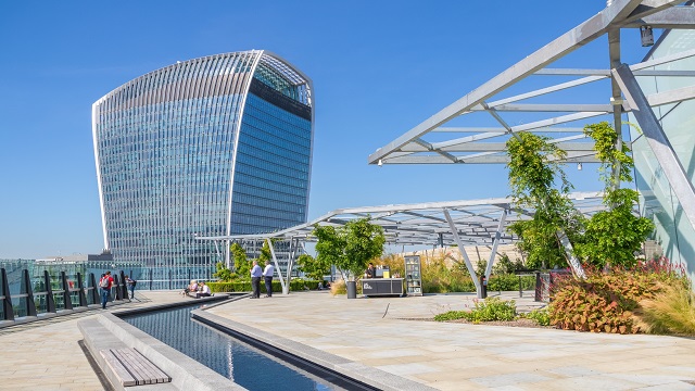 rooftop garden with views of the Walkie Talkie building in London, with bright blue skies in the background