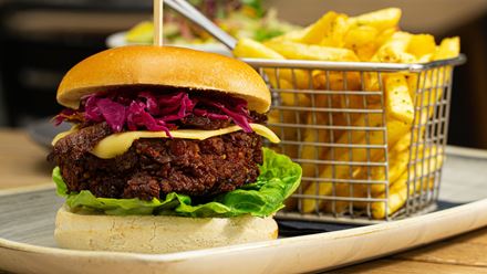 Plant-based burger and chips. Credit: Ryan O'Donoghue. Image courtesy of The Gate.
