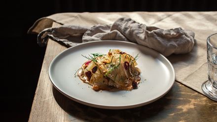 White beetroot salad with deer tongue. Credit: Aleksandra Pancewicz. Image courtesy of The Harwood Arms.