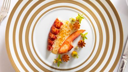 Native lobster, spiced carrot puree and verbena. Credit: John Carey. Image courtesy of The Ritz London.