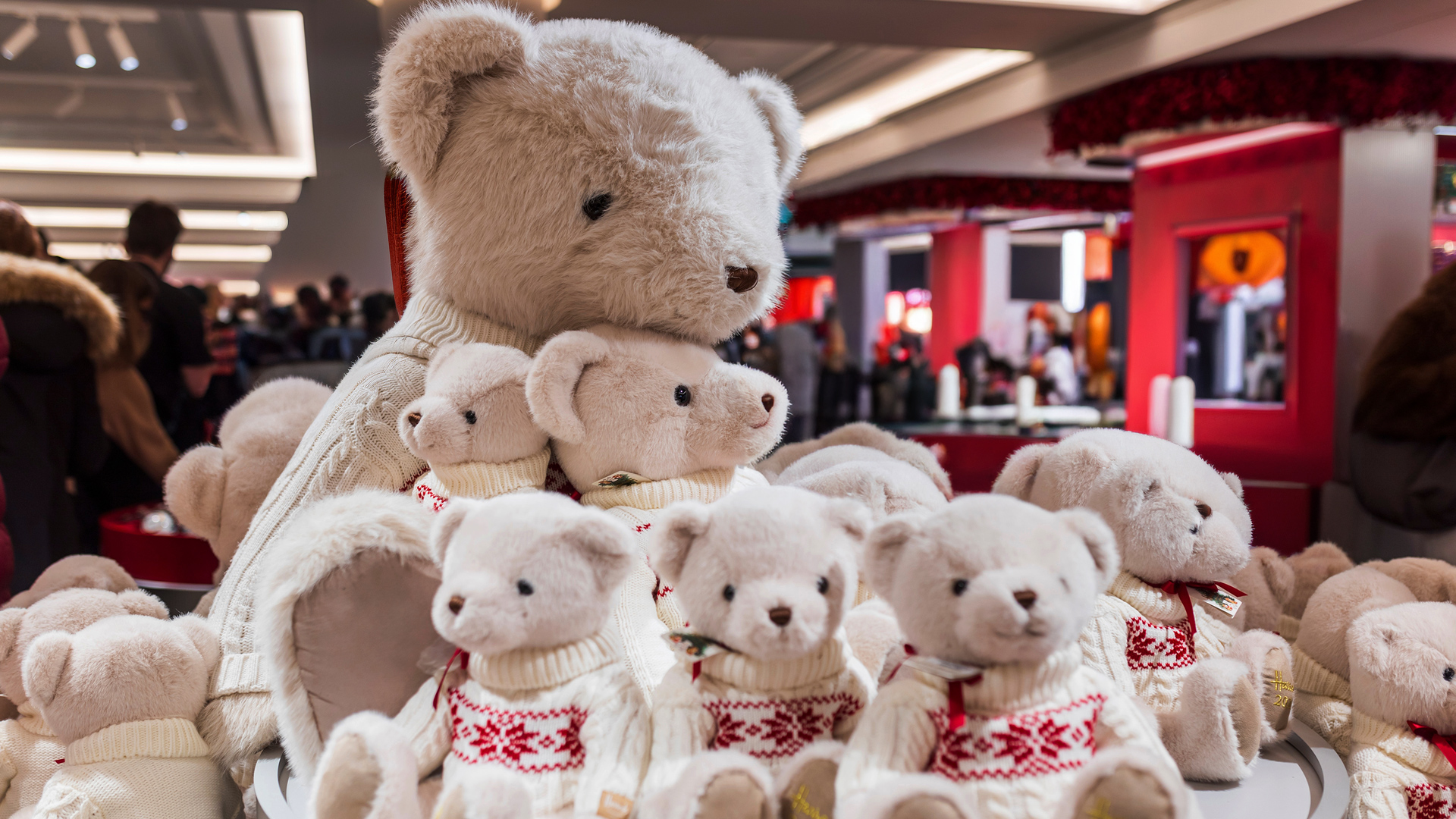 Meet the beloved Harrods Christmas Bears, a timeless holiday collectible © Elena Rostunova. Image courtesy of Shutterstock. A collection of small white bears with a giant white bear on display, all wearing white Christmas jumpers with a festive red design