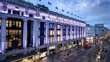 Selfridges department store illuminated at night. ©Andrew Meredith/Selfridges.