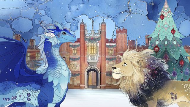 An illustrated blue dragon and lion stand in front of Hampton Court Palace beside a decorated Christmas tree in a festive winter scene. 