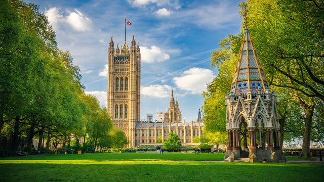 The Houses of Parliament can be seen from the gardens of Victoria Tower, a green space along the River Thames.