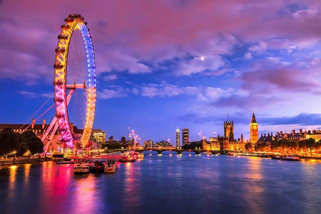 London skyline at dusk with Big Ben and the London Eye.