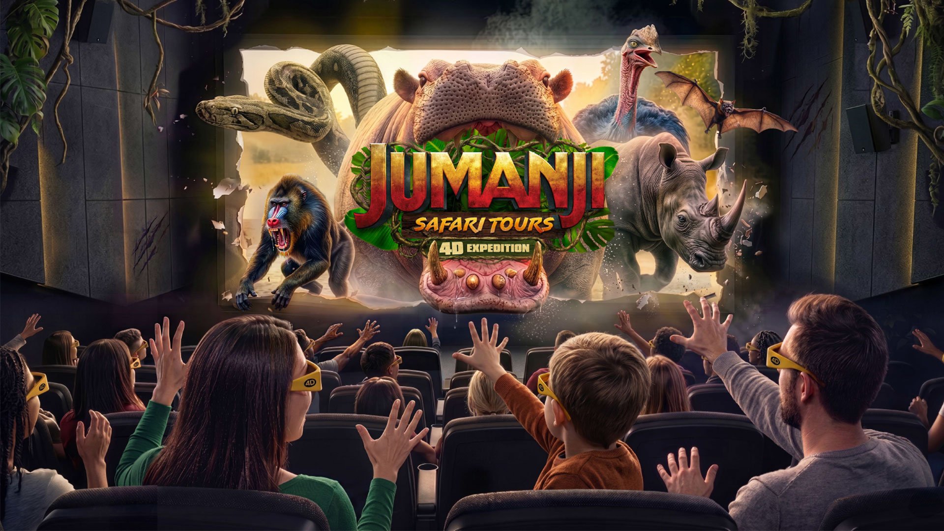 The artwork promoting Madame Tussauds' new 4D experience, the Jumanji Safari Tour, shows a cinema room full of spectators looking up at the screen, which is filled with jungle animals.