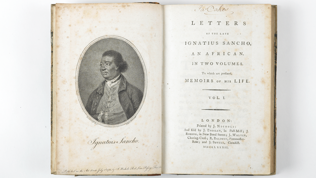 An birds-eye image of an old preserved book with a portrait drawn on the left side above the name "Ignatius Sancho" and a title page on the right side introducing the book of letters